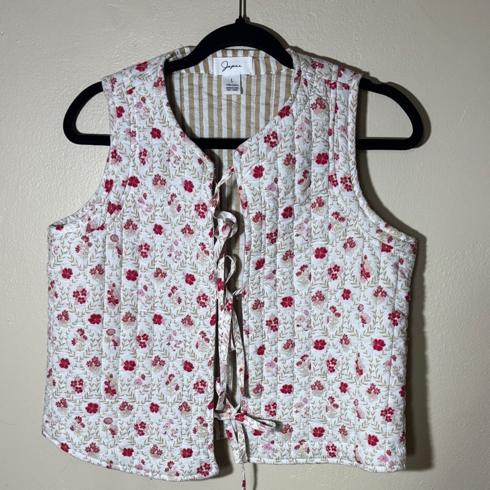 Japna White and Red Floral Tie-Front Vest